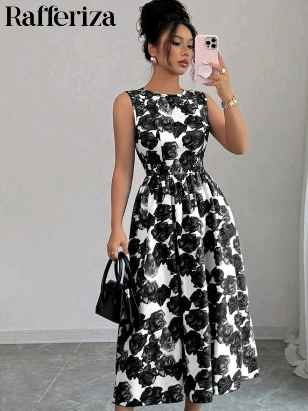 SHEIN Black and White Floral Midi Dress